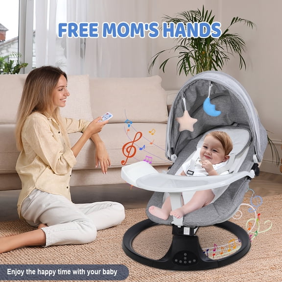 Eosunjian Electric Baby Rocking Chair,Baby Swing for Infants with Intelligent Induction System and Safety Harness,Remote Control Bluetooth-Compatible,Adjustable Backrest with Soft Music,Grey