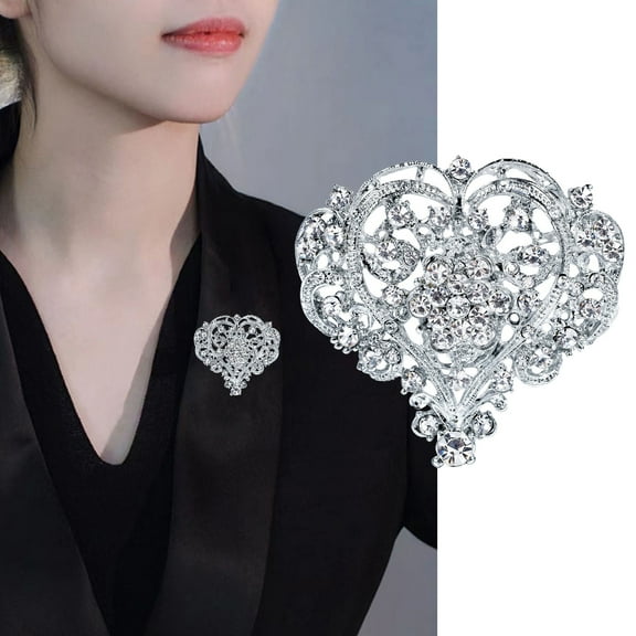 Eosunjian Elegant Heart Shape Brooch Shining Rhinestones Inlaid Pin Suit Lapel Dress Women Badge Jewelry Gift Coat Accessories Silver