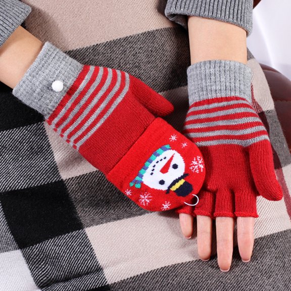 Eosunjian Elk Pattern Convertible Flip Top Women Gloves Winter Half Finger Thickened Warm Christmas Gloves for Outdoor