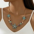 thumbnail image 1 of Eosunjian Exaggerated Women Necklace Ocean Theme Starfish Coral Shell Hollow Out Faux Pearl Rhinestone Decor Adjustable Length Lady Vacation Beach Neck Jewelry Blue, 1 of 13
