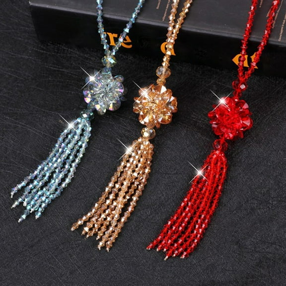 Eosunjian Faux Crystal Necklace Knotted Beaded Long Tassel Shiny All Match Good Gloss Women Long Pendant Sweater Necklace Jewelry Gift Black