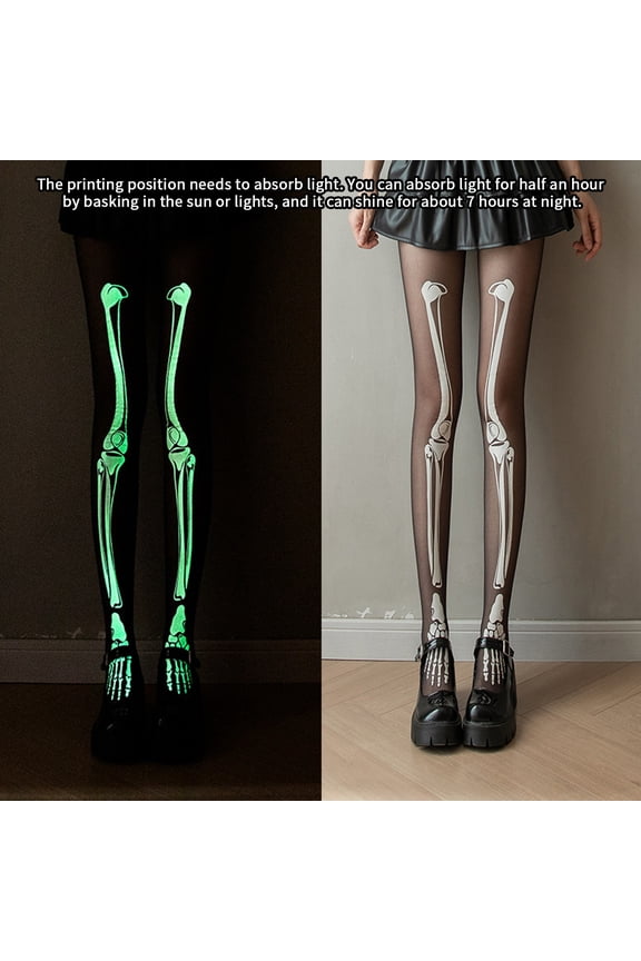 Halloween Skeleton Women Pantyhose Ghost Leg Print Contrast Color Glow at Night Luminous Thin Mesh Terrifying Anti-slip Cosplay Performance Skull Thighs Green