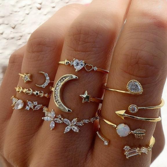 Eosunjian Lady Ring Set Diverse Shapes Rhinestone Decor Star Moon Butterfly Heart Decor Adjustable Lady Stackable Finger Jewelry Silver 9 Pcs/Set