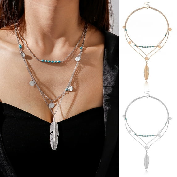 Eosunjian Layered Long Necklace for Women Turquoise Stone Sequin Necklace Feather Beaded Strand Sweater Chain Necklaces Fashion Costume Jewelry Gifts Silver