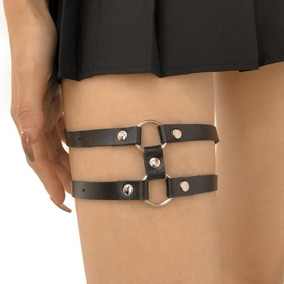 Eosunjian Leg Harness Gothic Double Layers Faux Leather Exquisite Electroplating Garter Belt for Club Black