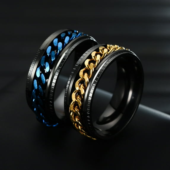 Eosunjian Men Ring Simple High Polished Fashion Jewelry Rotating Chain Inlaid Finger Ring for Party Blue US 7