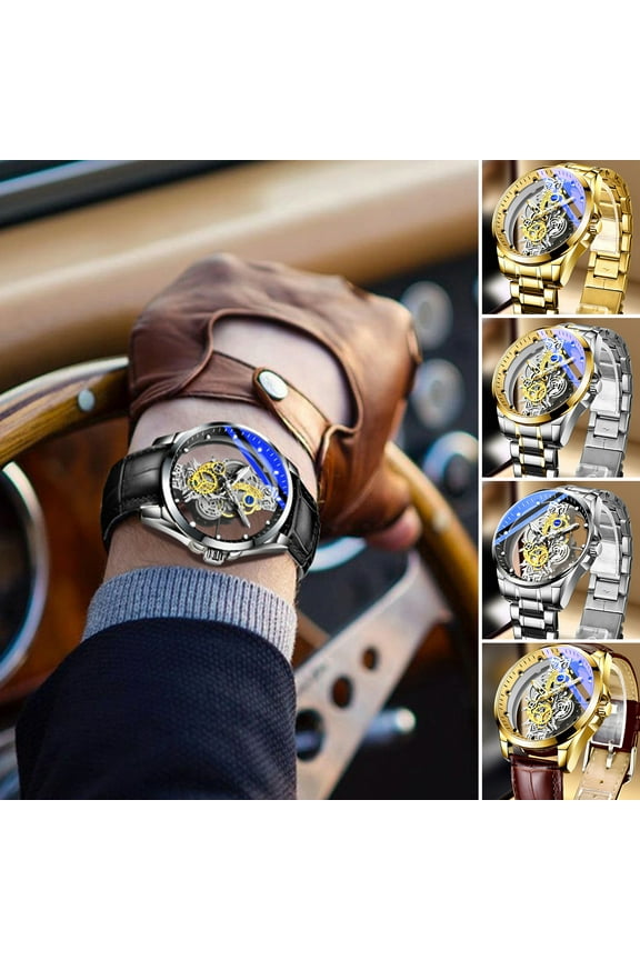 Men Watch Pointer Design Round Dial Luminous Hollow High Hardness Decoration Waterproof Men Luxury Business Quartz Watch for Daily Life Style A