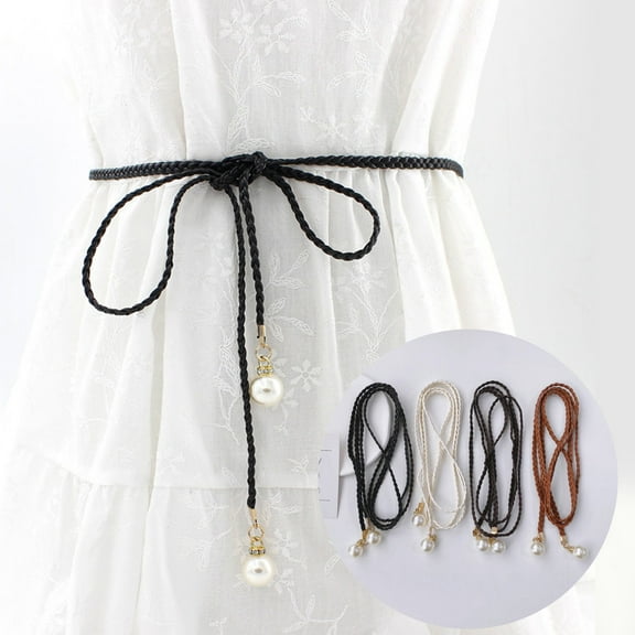 Eosunjian Pearl Waist Chain Elegant Vintage Imitation Leather Slim Belt with Knot for Women for Party Dresses Pants White