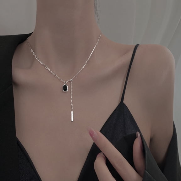 Eosunjian Pendant Necklace Square Letter Tassel Jewelry Black Rhinestone Splicing Clavicle Chain Birthday Gifts Black