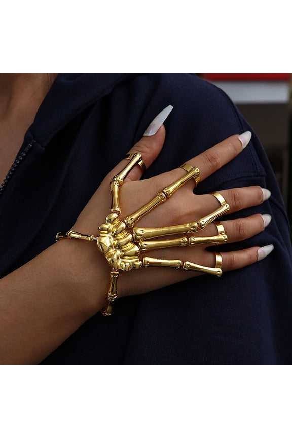 Punk Style Skeleton Hand Ring Bracelet Halloween Skull Fingers Wristband Adjustable One-Piece Women Men Finger Ring Bangle Golden
