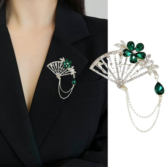 Eosunjian Retro Tassel Fan Brooch Pin Shiny Rhinestones Inlaid Badge Suit Lapel Shawl Scarf Badge Party Evening Clothing Accessory Green