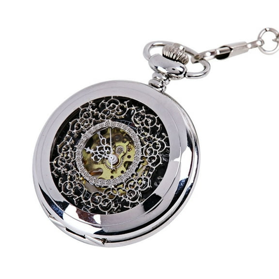 Eosunjian Retro Unisex Hollow Flower Round Dial Hand Winding Chain Mechanical Pocket Watch Silver