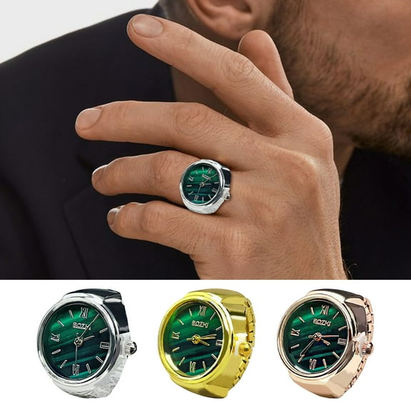 Eosunjian Round Green Dial Ring Watch Elastic Stainless Steel Band Elegant Men Women Couple Watch Finger Ring Birthday Gift Fashion Accessories Rose Gold