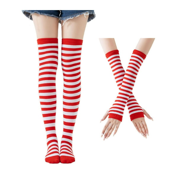 Eosunjian Soft Skin-friendly Gloves Socks Womens Striped Gloves Socks Set Cozy Cotton Arm Warmers Leg Warmers Long Fingerless Gloves for Winter Christmas