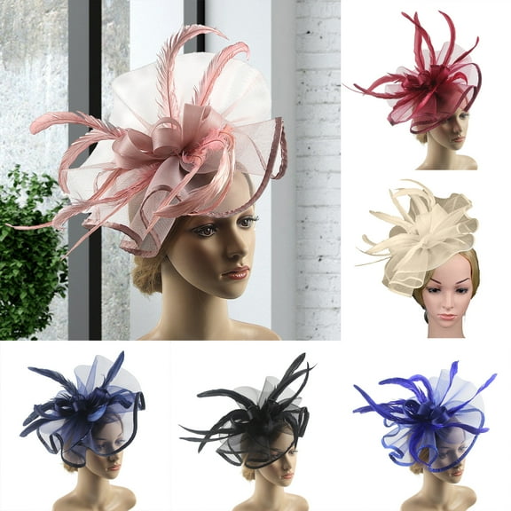 Eosunjian Solid Color Elegant Fascinator Hat with Hair Clip Decorative Feather Bowknot Mesh Decor Pillbox Hat Hair Accessories