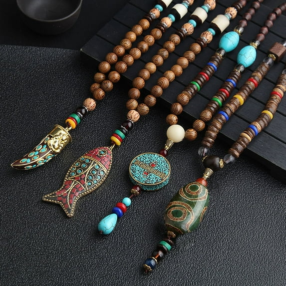Eosunjian Vintage Ethnic Style Pendant Necklace Wood Beaded Handmade Women Sweater Necklace Jewelry Gift Fashion Accessories Style D