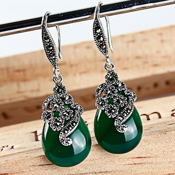 Eosunjian Vintage Women Faux Emerald Water Drop Dangle Hook Earrings Jewelry Gift