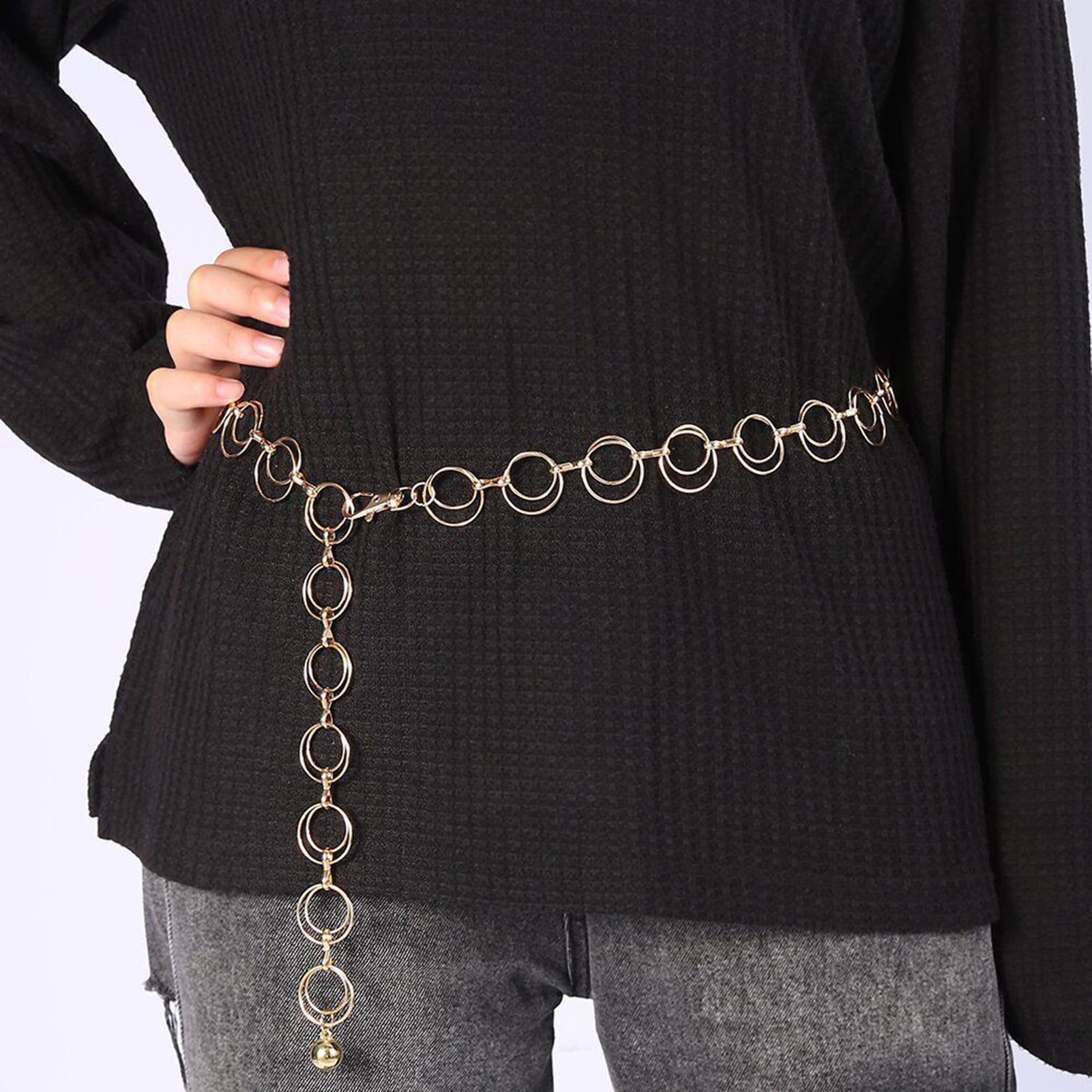 Eosunjian Waist Chain Adjustable Vintage Punk Hip Hop Double Layer Decorative Gift Women Girls O ring Chain Waist Belt Daily Wear Silver