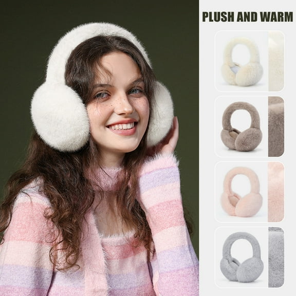 Eosunjian Winter Imitation Rabbit Fur Earmuffs Girls Cute Solid Color Warm Earmuffs Outdoor Ear Warmer Foldable Soft Furry Ear Covers White