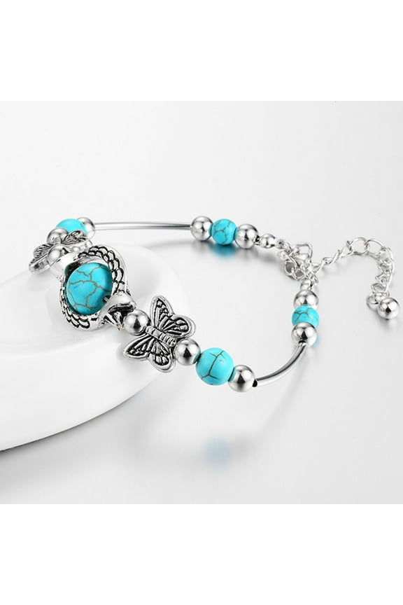 Women Bracelet Simulation Turquoise Beaded Jewelry Bright Luster Long Lasting Bangle Jewellery Gift Silver