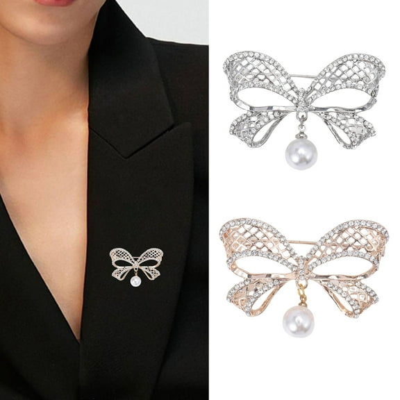 Eosunjian Women Brooch Faux Pearl Rhinestone Decor Hollow Bow Exquisite Vintage Anti-slip Wear-resistant Coat Collar Hat Scarf Decoration Clothes Pin Garment Jewelry Silver