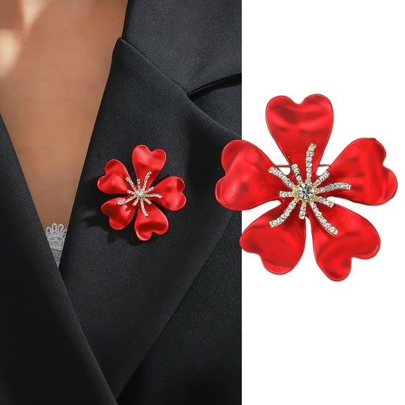 Eosunjian Women Brooch Flower Shape Rhinestone Decor Petal Anti-slip Shoulder Bag Suit Coat Collar Hat Clothes Pin Party Prom Bride Wedding Garment Jewelry Red