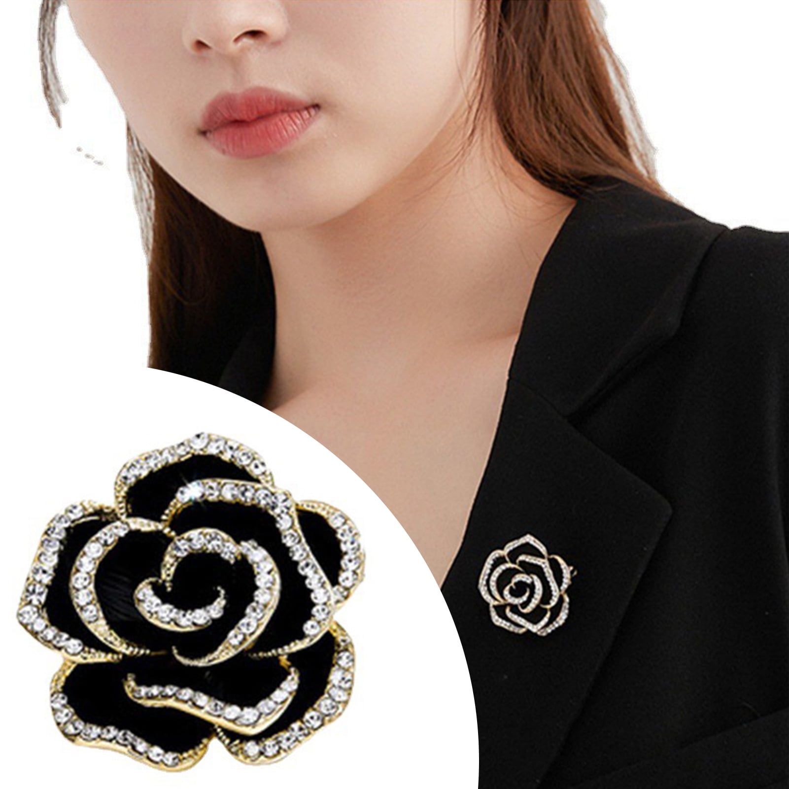 EMEGCY Black Camellia Zircon Brooch - Flower Rhinestone Pin For Women, Gift Box