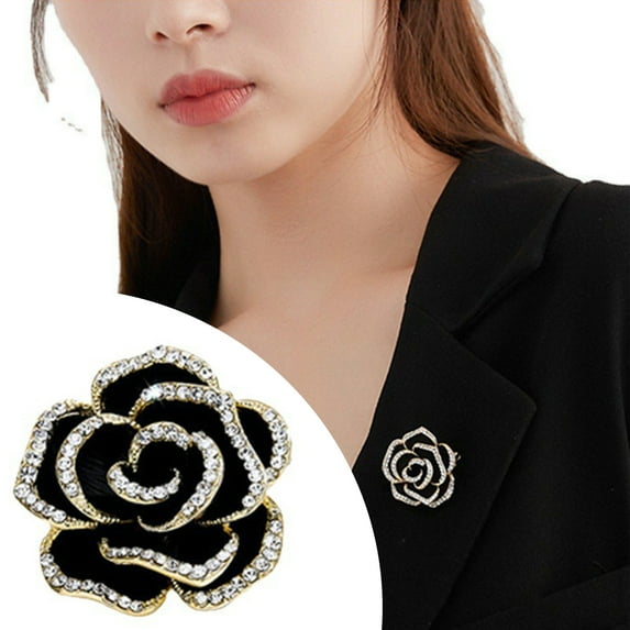 Eosunjian Women Brooch Rhinestone Camelliae Color Matching Anti-slip Wear-resistant Suit Coat Collar Dress Hat Scarf Decoration Clothes Pin Garment Jewelry Black