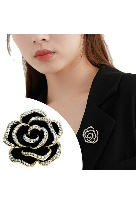 Women Brooch Rhinestone Camelliae Color Matching Anti-slip Wear-resistant Suit Coat Collar Dress Hat Scarf Decoration Clothes Pin Garment Jewelry Black
