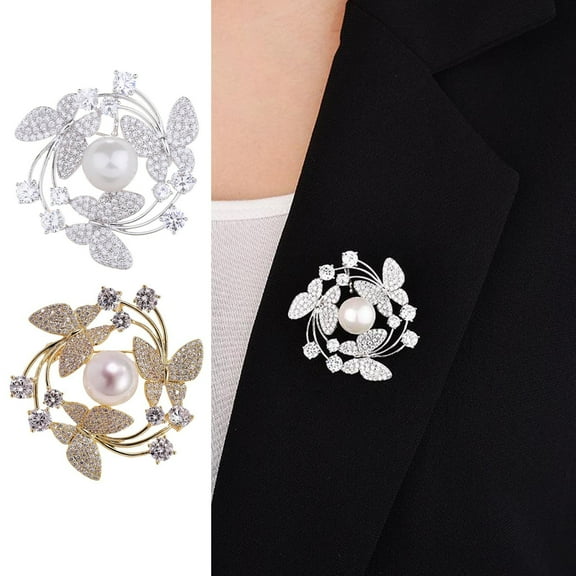 Eosunjian Women Brooch Suit Coat Collar Brooch Butterfly Rhinestone Faux Pearl Decor Hollow Out Wreath Shape High-end Luxury Stainless Lightweight Lady Clothes Jewelry Silver