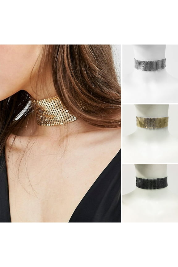 Women Choker Wide Hip Hop Punk Cool Personality Fashion Jewelry Sparkling Rhinestone Female Collar Necklace Club Wear Silver