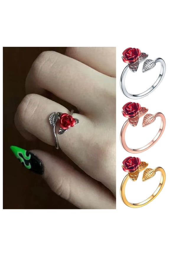 Women Circlet Red Rose Opening Leaf Adjustable Women Ring for Valentine's Day Golden