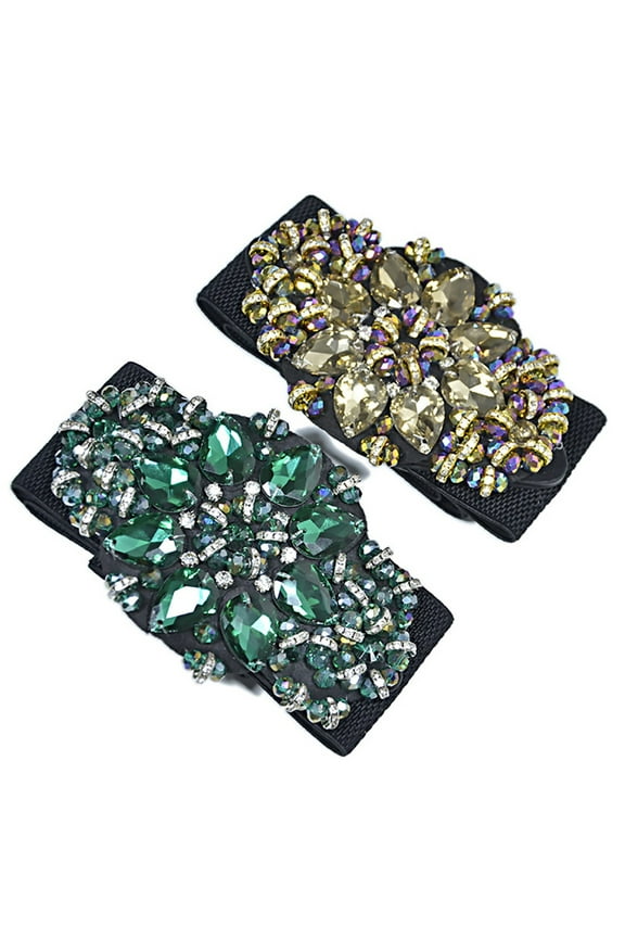 Women Colorful Rhinestone Flower Waist Belt Elastic Wide Waistband Dress Decor Green