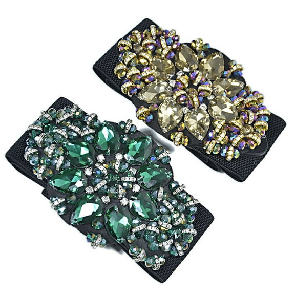 Eosunjian Women Colorful Rhinestone Flower Waist Belt Elastic Wide Waistband Dress Decor Green