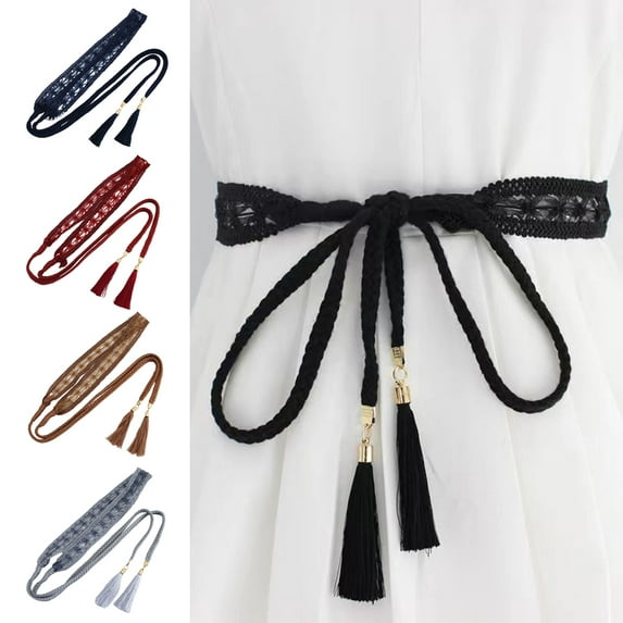 Eosunjian Women Dress Belt Braided Lace Decorated Tassel End Waistband Solid Color Waist Cord Costume Accessories Black