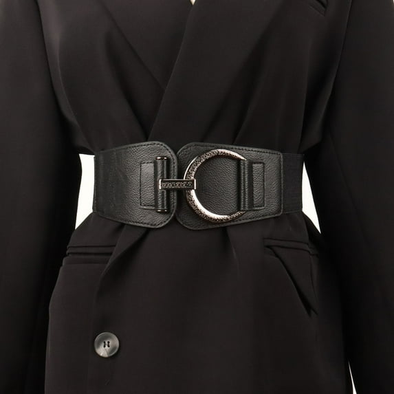 Eosunjian Women Elastic Corset Solid Color Metal Hanging Buckle Belt Faux Leather Slimming Body Waistband Dress Shirt Decoration Black