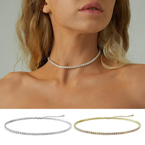 Eosunjian Women Elegant Shining Rhinestones Choker Necklace Sparking Adjustable Short Necklace Cubic Zirconia Bridal Wedding Jewelry Gift Silver 3mm