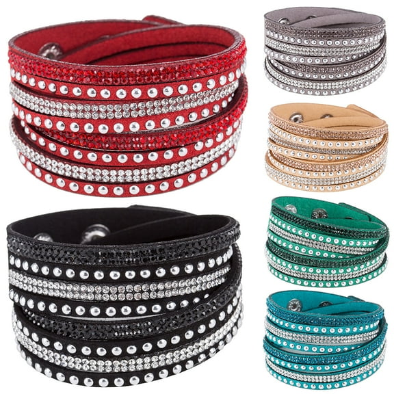 Eosunjian Women Faux Leather Shiny Hot Fix Rhinestone Inlaid DIY Multilayer Bracelet Gift