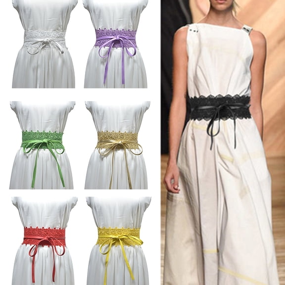 Eosunjian Women Girdle Smooth Faux Leather Lace Solid Color Wide Lace-up Adjustable Anti-slip Firm Stitching Retro Slim Waist Decoration Dress Coat Sweater Waist Belt Waistband Black