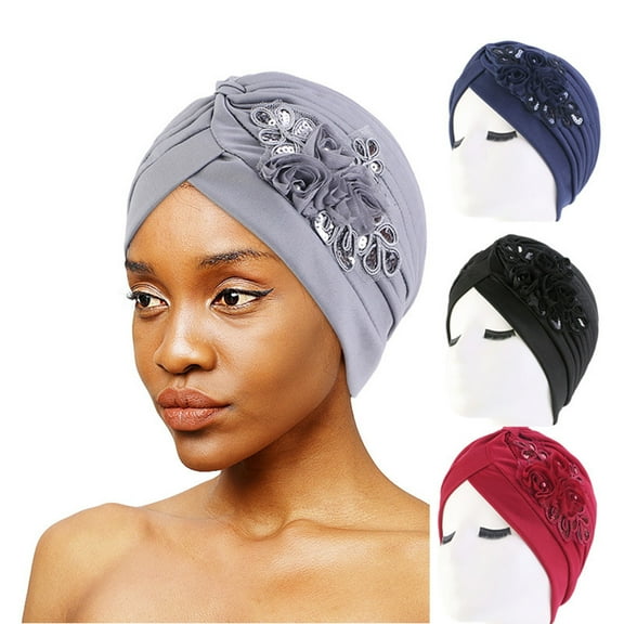 Eosunjian Women Hat Good Stretch Wind-proof Tear-resistant Anti-shrink Brimless Warm Sequin Trim Flower All Match Turban Hat Fashion Accessory White