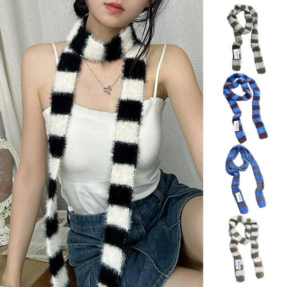 Eosunjian Women Long Scarf Retro Style Striped Color Block Thickened Imitation Mink Fur Warm Thin Scarf Fashion Accessory Brown