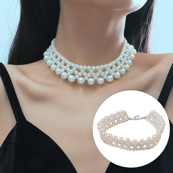 Eosunjian Women Necklace Faux Pearl Symmetric Multi-layered Solid Color Smooth Choker Luxury Princess Royal Style Neck Decoration Jewelry Prom Wedding Party Cocktail Lady Necklace White
