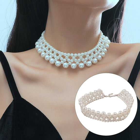Eosunjian Women Necklace Faux Pearl Symmetric Multi-layered Solid Color Smooth Choker Luxury Princess Royal Style Neck Decoration Jewelry Prom Wedding Party Cocktail Lady Necklace White