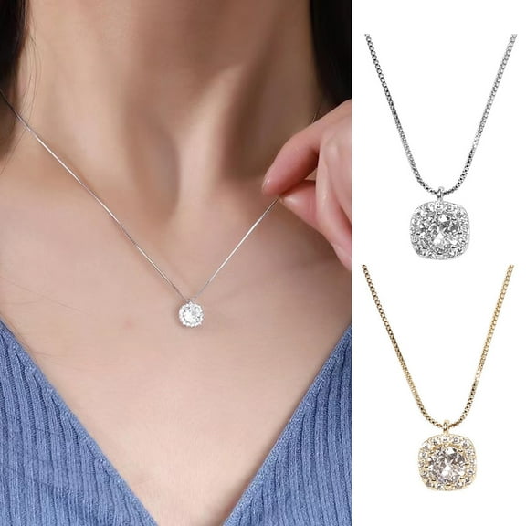 Eosunjian Women Necklace Square Rhinestone Pendant Temperament Simplicity Light Luxury Niche Dress Up High-end Simulated Diamond Pendant Necklace Jewelry Accessory Golden