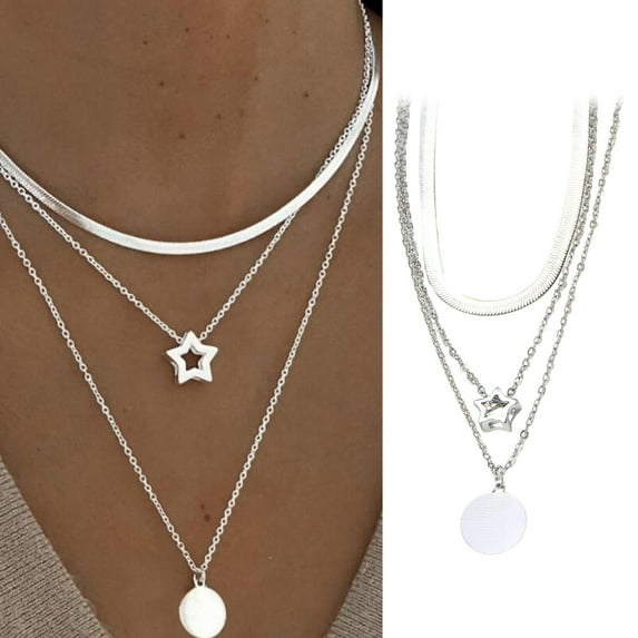Eosunjian Women Necklace Three-layered Star Pendant Solid Color Hollow Chain Individual Adjustable Length Prom Daily Dating Neck Jewelry Lady Clavicle Necklace Silver