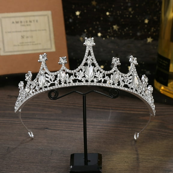 Eosunjian Women Princess Crown Shiny Rhinestones Inlaid Wedding Tiara Headband Hair Accessory Faux Crystal Crown with Pin Fixes