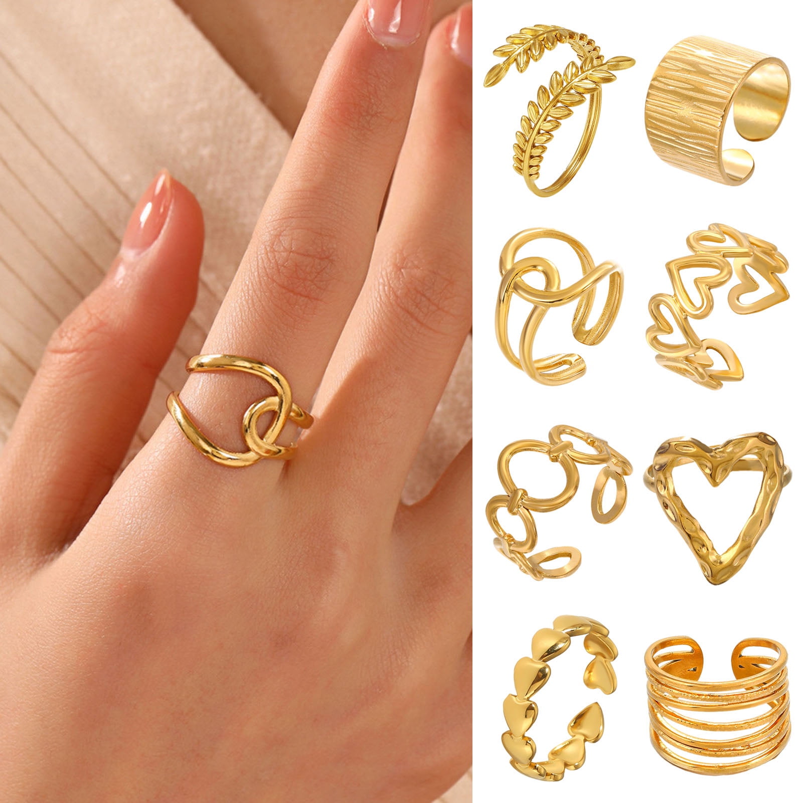Eosunjian Women Ring Open Adjustable Golden Color Heart Line Cross Leaf