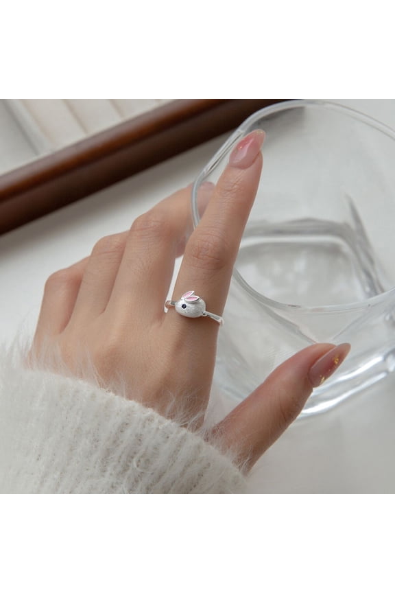 Women Ring Opening Adjustable Silver Color Polished Cute Rabbit Bunny Animal Ladies Finger Ring Fashion Jewelry Silver