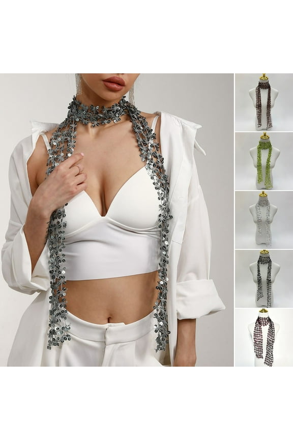 Women Scarf Shiny Sequin Flower Shape Hollow Design Scarf Glitter Embellished Thin Scarf Fashion Accessory Golden