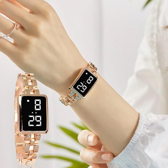 Eosunjian Women Watch Square Dial Digital Display Touch Operation Single Folding Buckle Precise Time Decoration Exquisite Craftsmanship LED Digital Lady Watch Jewelry Accessory Rose Gold